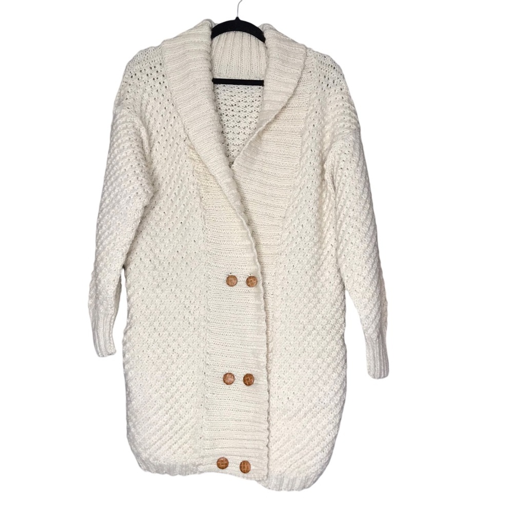 MED Hand Knit Hand Made Cardigan Cable Aran Sweater Neck Buttons Grandma Mom